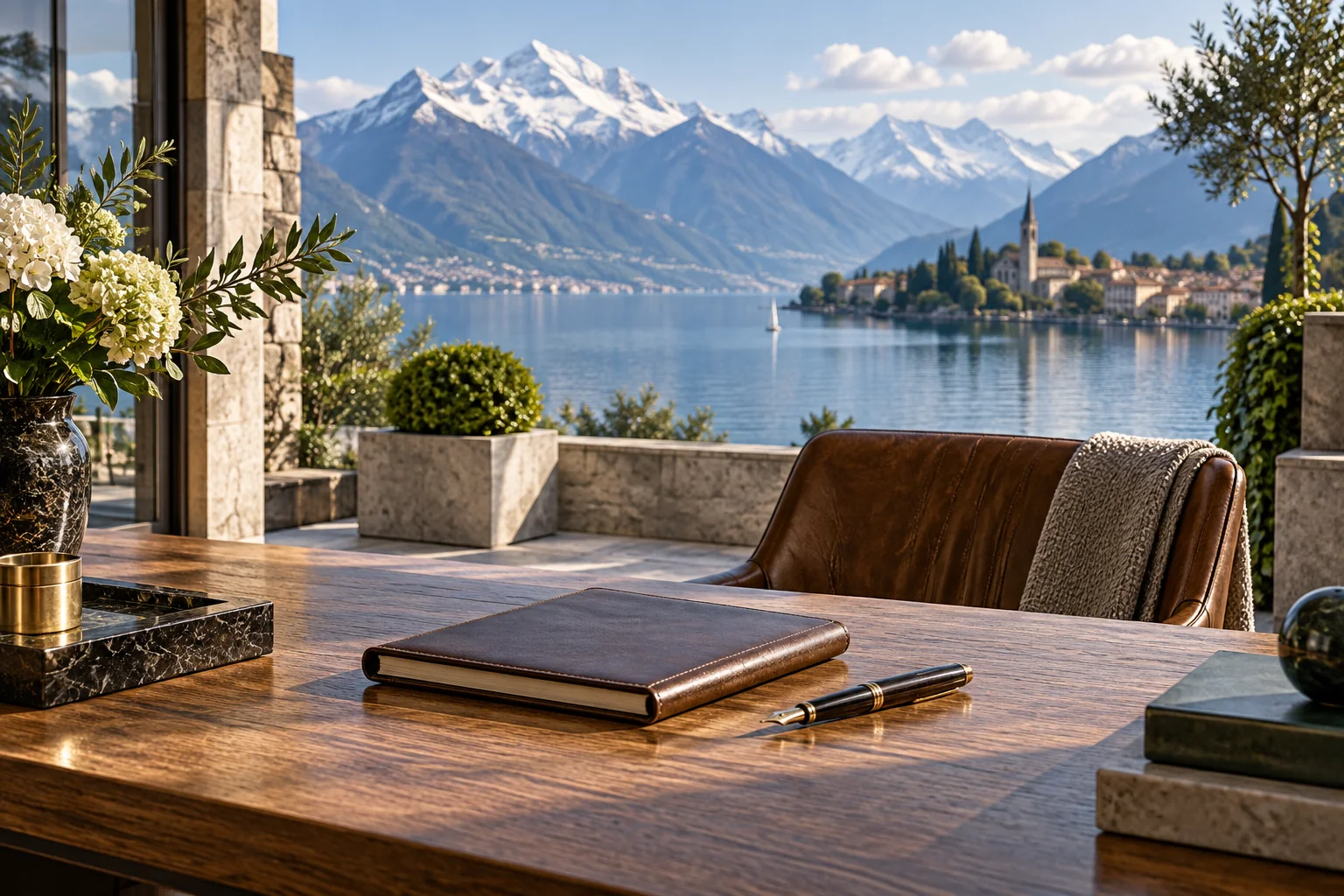 A quiet lakeside study overlooking the mountains