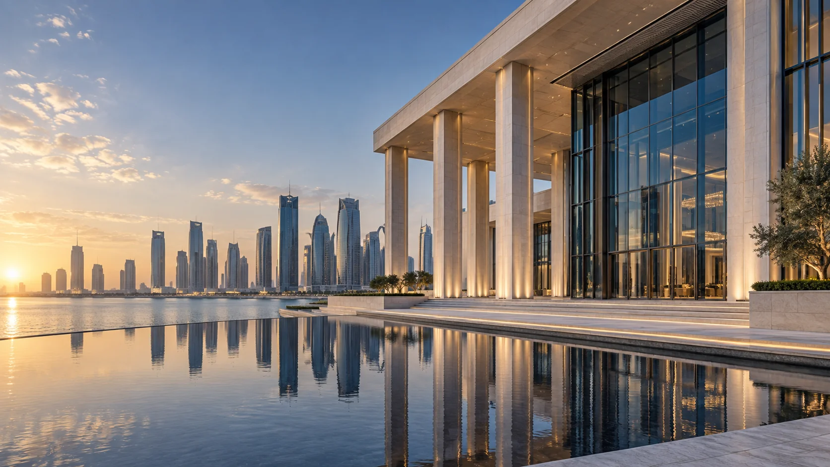 Empty contemporary conference venue beside the water