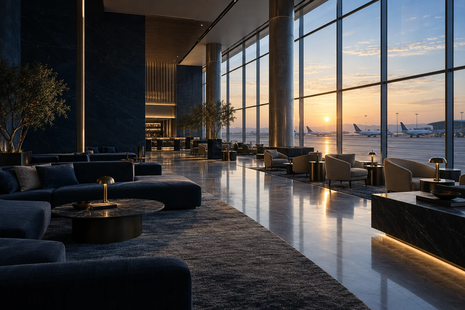 Illustrative empty airport lounge at sunrise