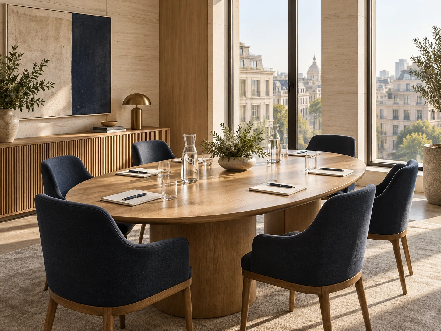 Elegant empty executive learning room with notebooks set around an oak table