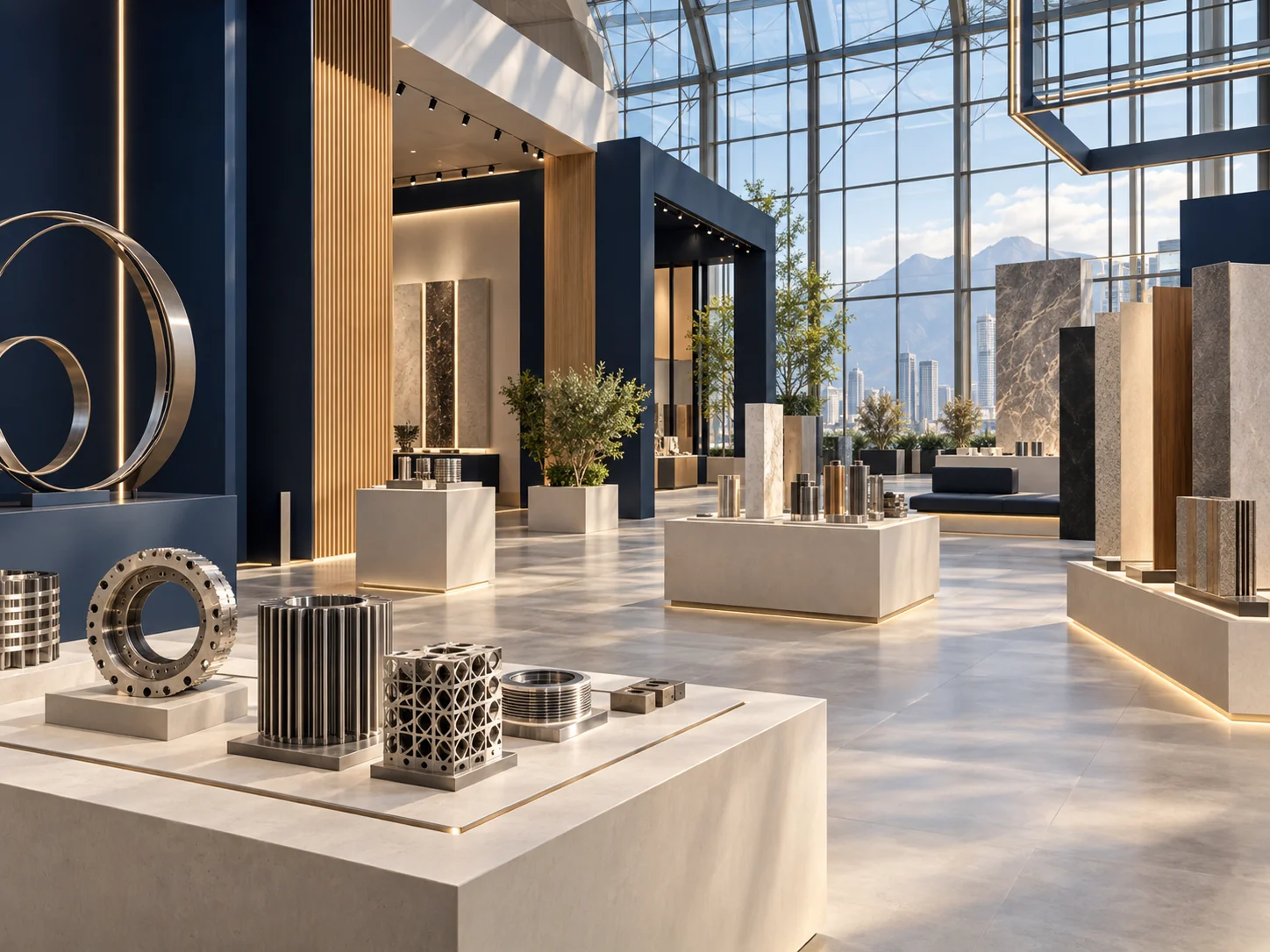 Empty exhibition pavilion displaying engineering and architectural materials